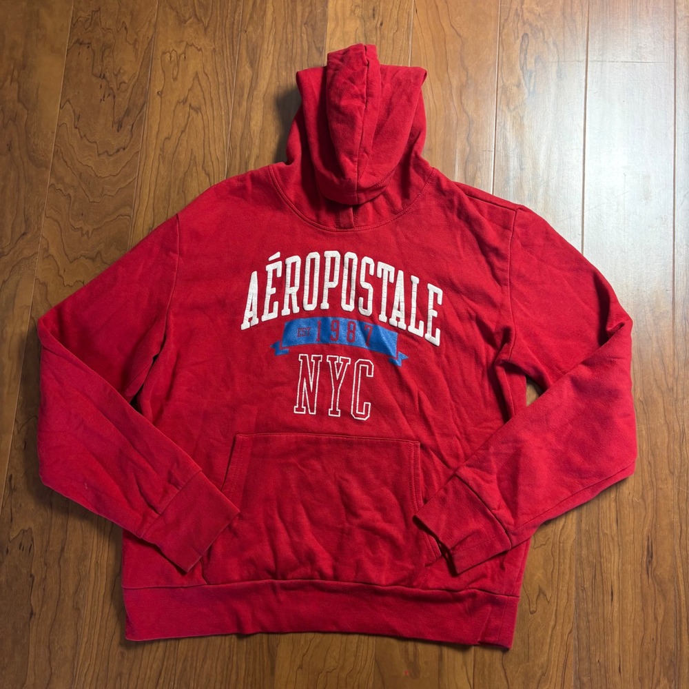 Aeropostale NYC Red Pullover Hoodie Graphic Sweatshirt Womens XL 1987 Logo